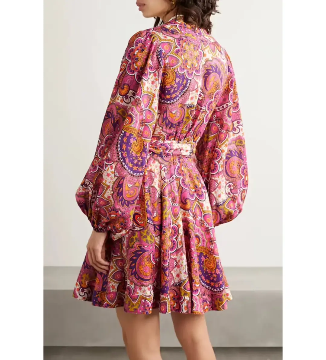 Zimmermann Paisley Fiesta Linen Wrap Mini Dress in Pink Size AU 14 for rent on The Volte - main image