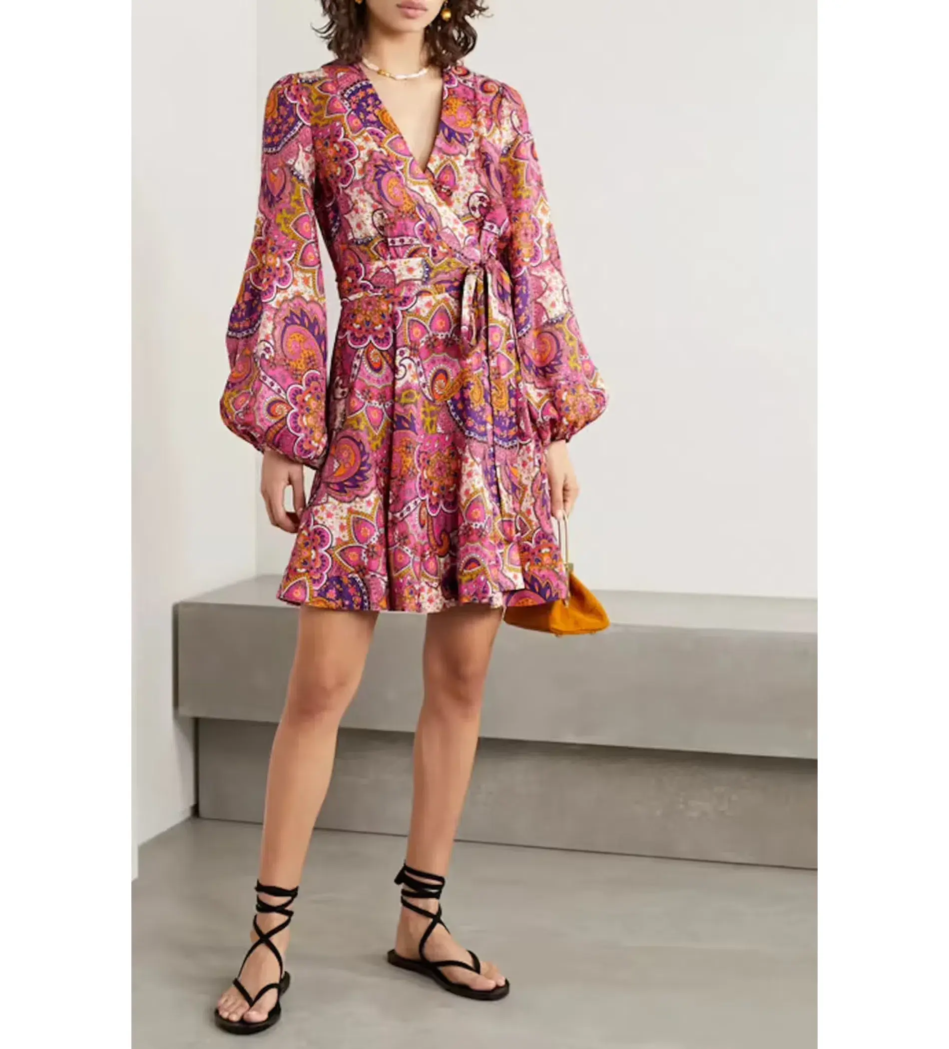 Zimmermann Paisley Fiesta Linen Wrap Mini Dress in Pink Size AU 14 - Image 1
