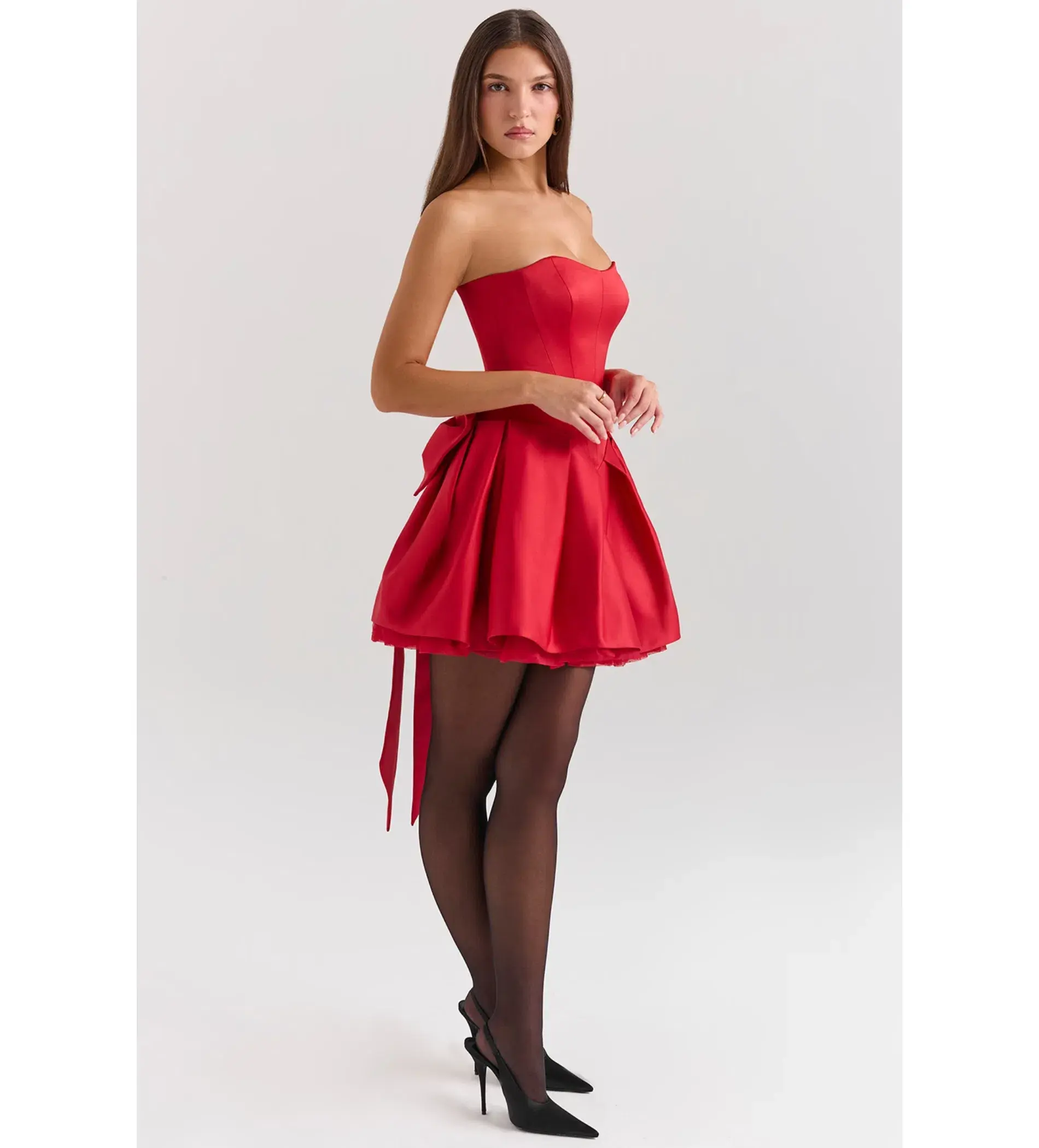 House Of CB Salome Satin Detachable Bow Mini Dress Holly Red Size L/AU 12 - Image 4