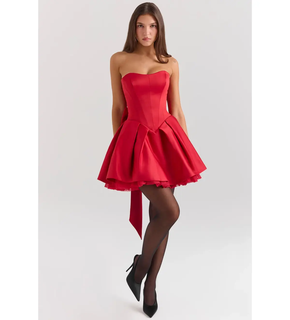 House Of CB Salome Satin Detachable Bow Mini Dress Holly Red Size L/AU 12 - Image 2