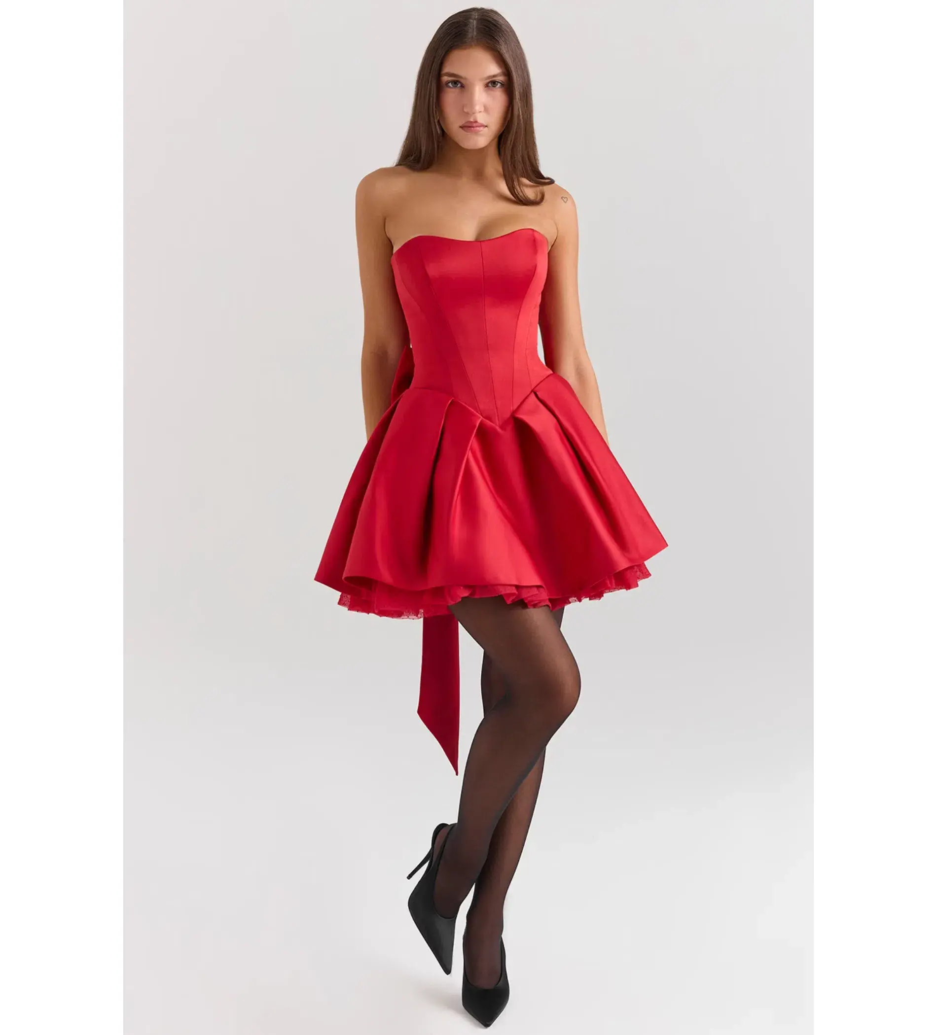 House Of CB Salome Satin Detachable Bow Mini Dress Holly Red Size L/AU 12 - Image 2