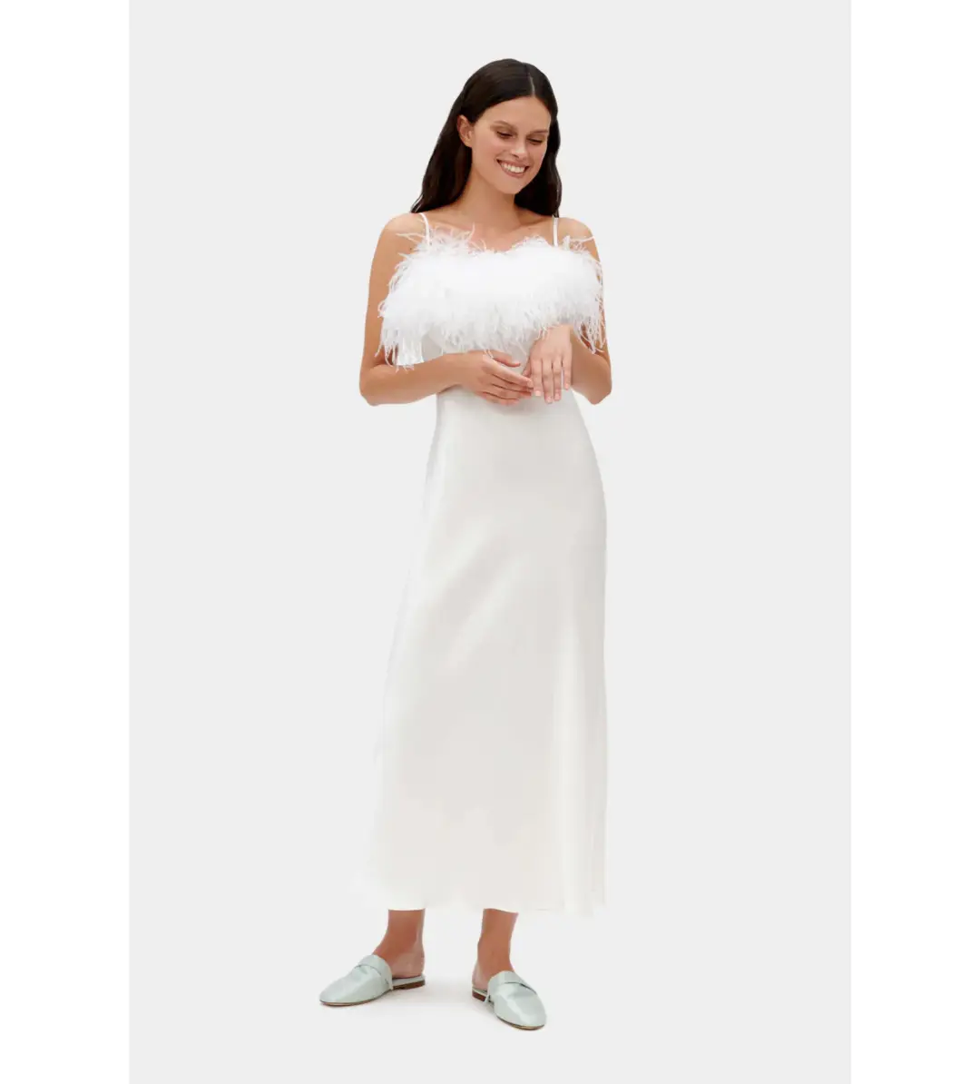 Sleeper Boheme Slip Midi Dress with Feathers in White Size 8 for rent on The Volte - main image