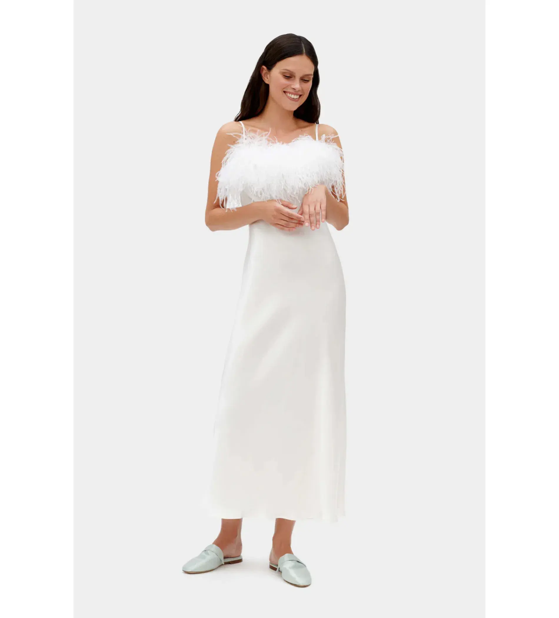 Sleeper Boheme Slip Midi Dress with Feathers in White Size 8 - Image 1