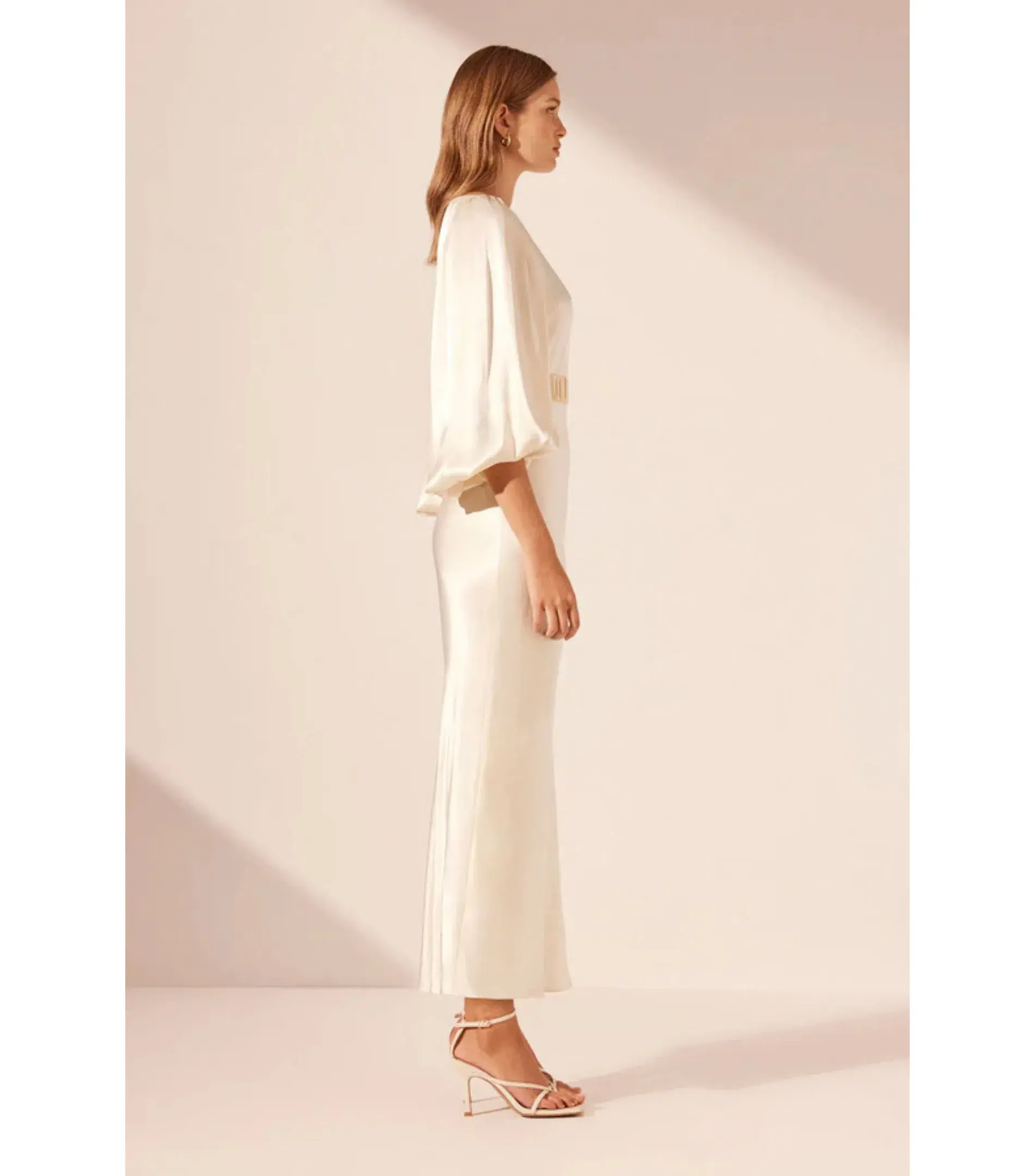 Shona Joy La lune Balloon Sleeve Midi Dress with Belt Cream Size AU 18   - Image 2