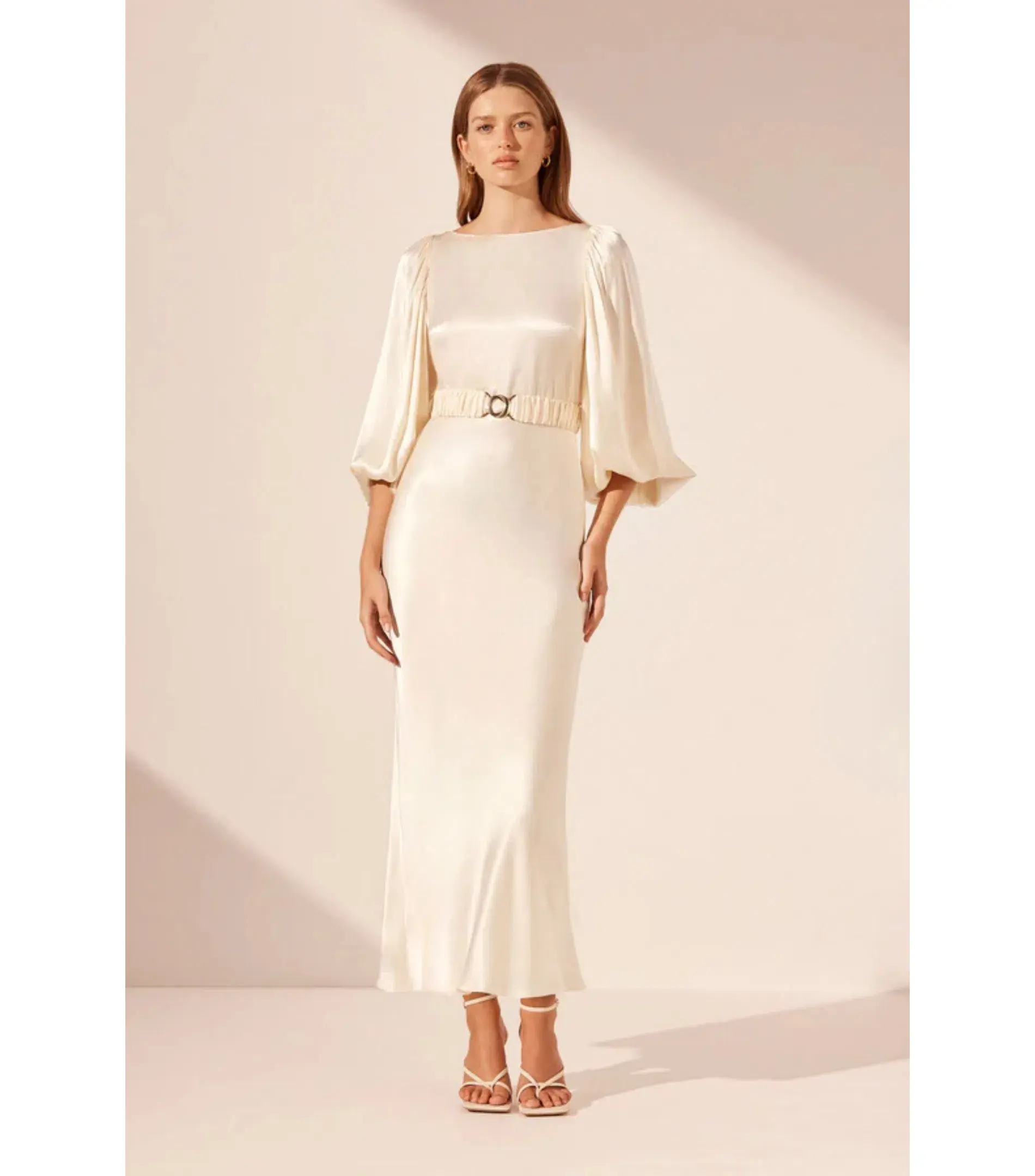 Shona Joy La lune Balloon Sleeve Midi Dress with Belt Cream Size AU 18   - Image 1