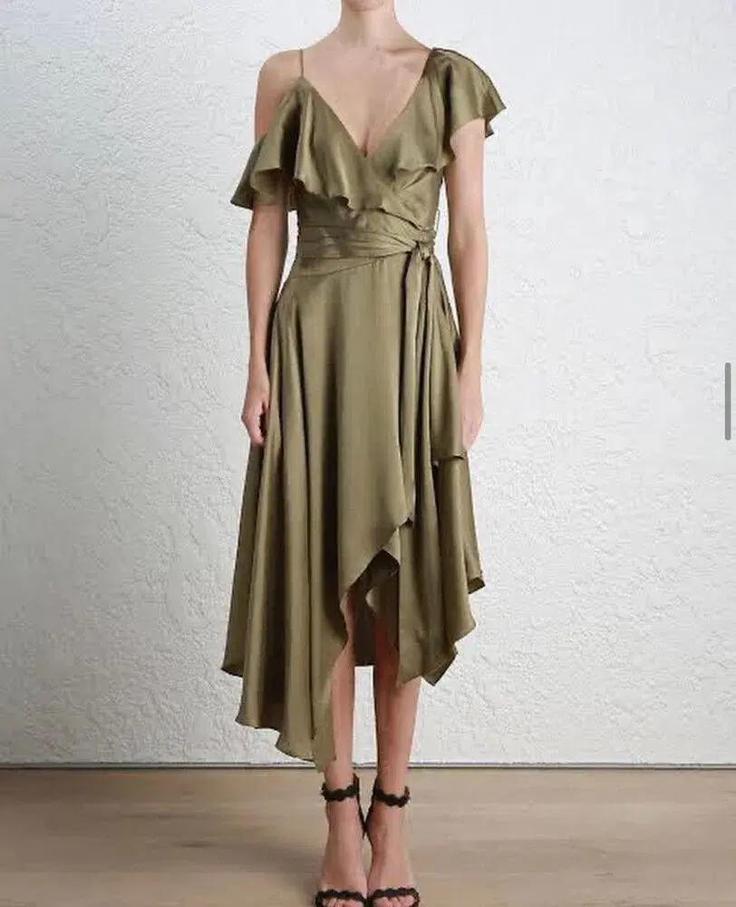 Zimmermann Asymmetrical Silk Wrap Midi Dress Green Size 6 - Image 1
