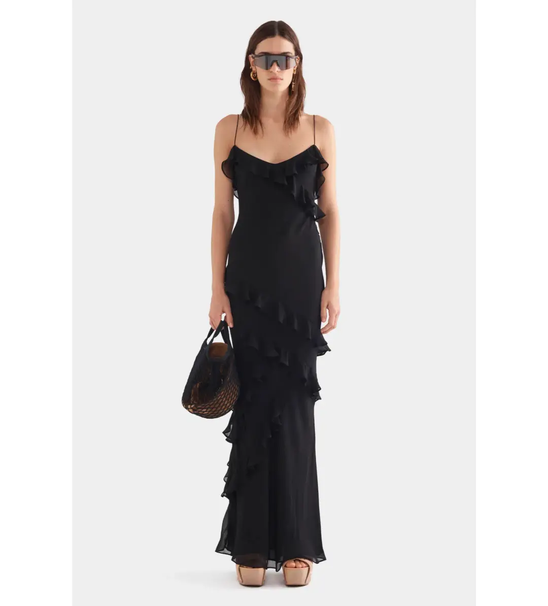 Venroy Silk Ruffle Slip Dress in Black Size AU 8 for rent on The Volte - main image