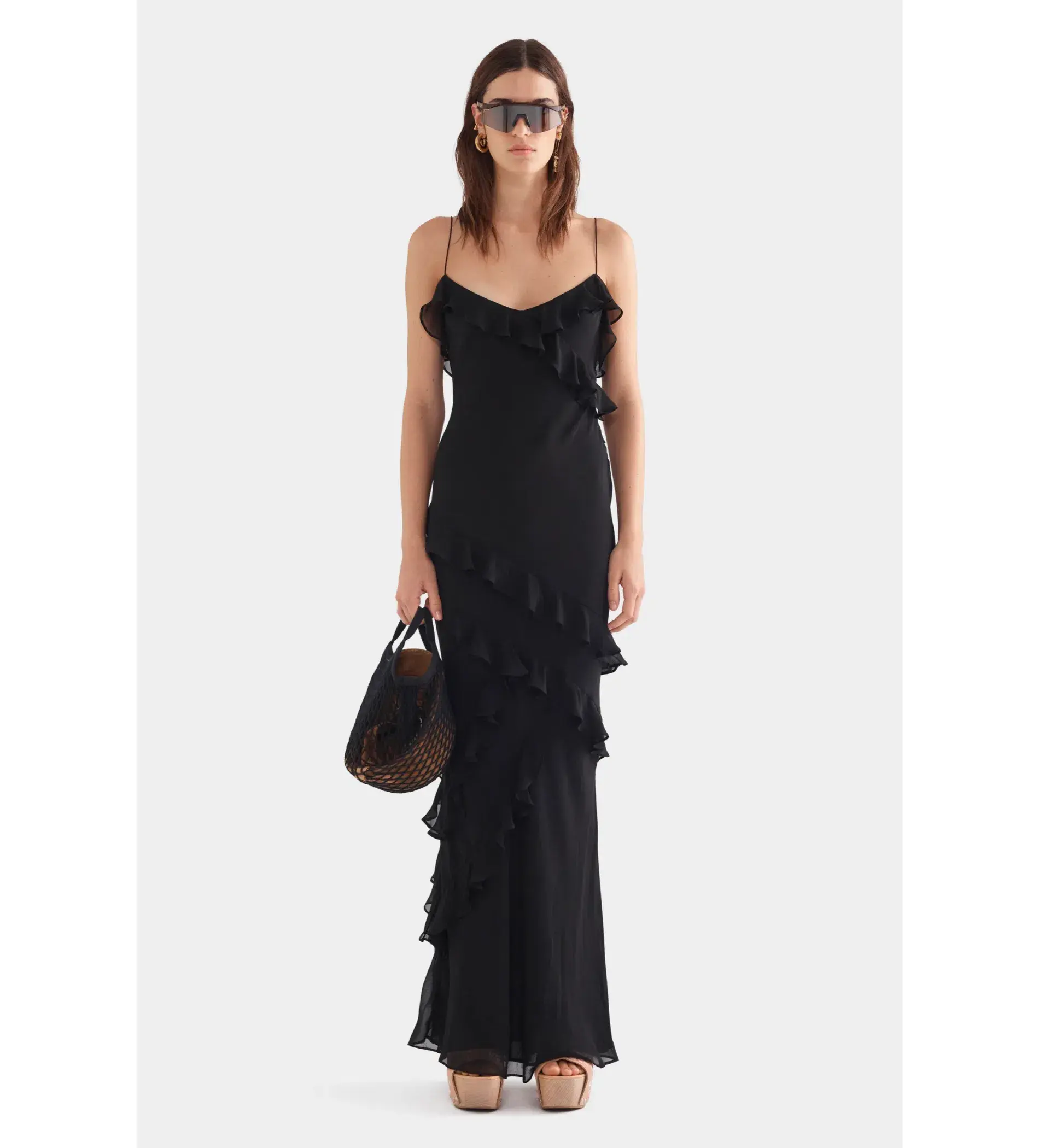 Venroy Silk Ruffle Slip Dress in Black Size AU 8 - Image 1