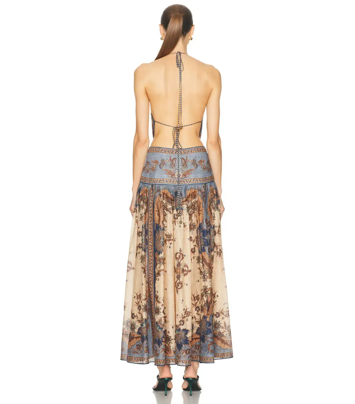 Zimmermann Ascension Plunge Halter Maxi Dress in Blue/Cream Indienne Floral Size 0 / AU 8 - Image 3