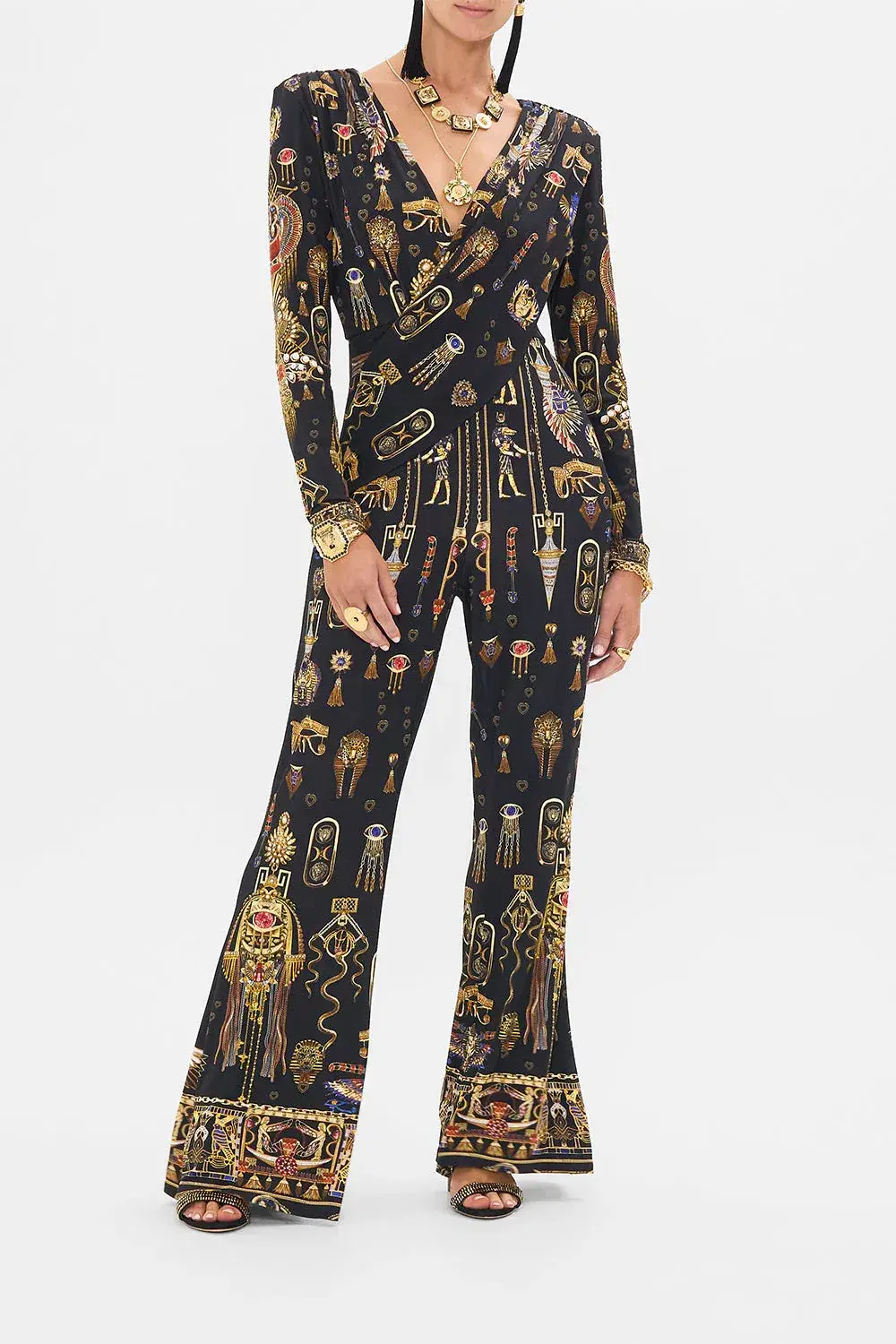 Camilla Draped V Neck Jersey Flared Jumpsuit Multi Print Size 12 - Image 1
