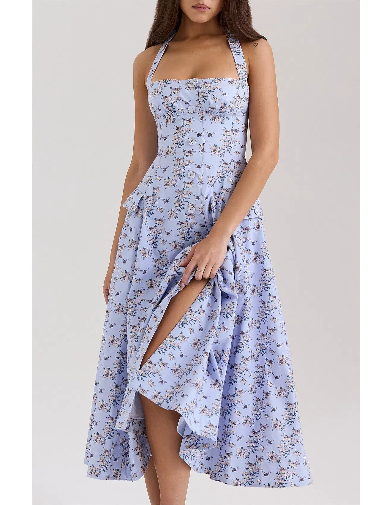 House of CB Claudia Stretch Cotton Halter Neck Midi Dress Bee Floral Size L / AU 12 - Image 1