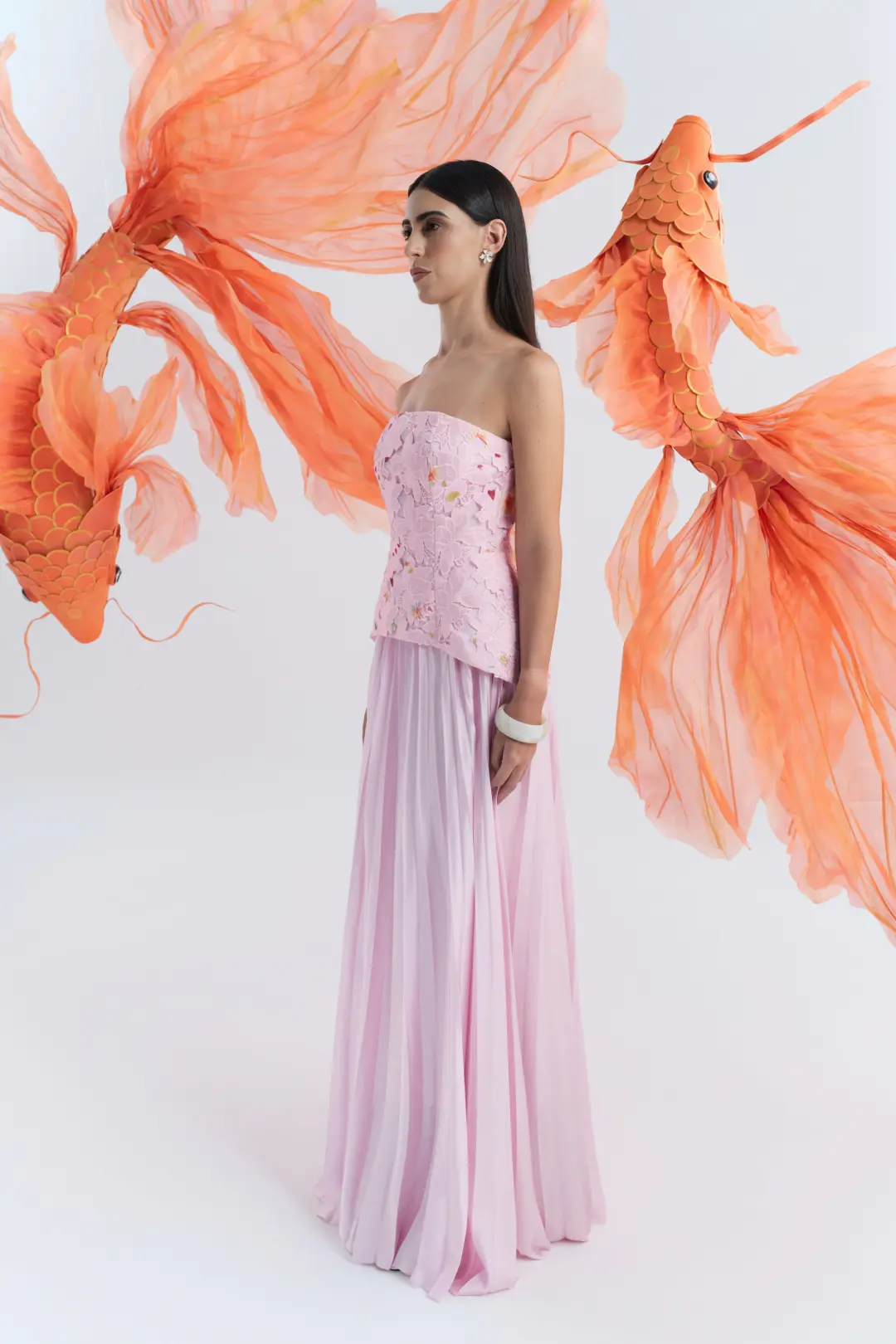 Justin Tong Cascade Pleated Gown Pink Size 12   for rent on The Volte - main image