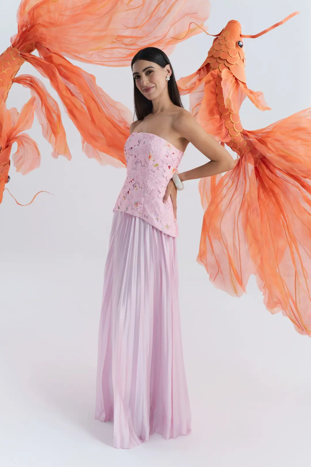 Justin Tong Cascade Pleated Gown Pink Size 12   for rent on The Volte - main image