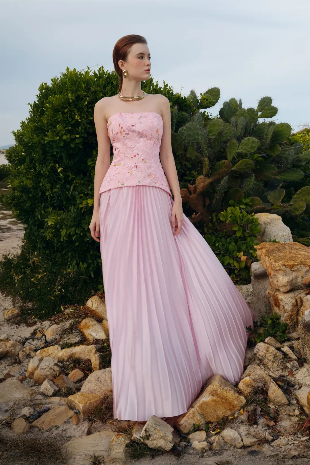 Justin Tong Cascade Pleated Gown Pink Size 12   for rent on The Volte - main image