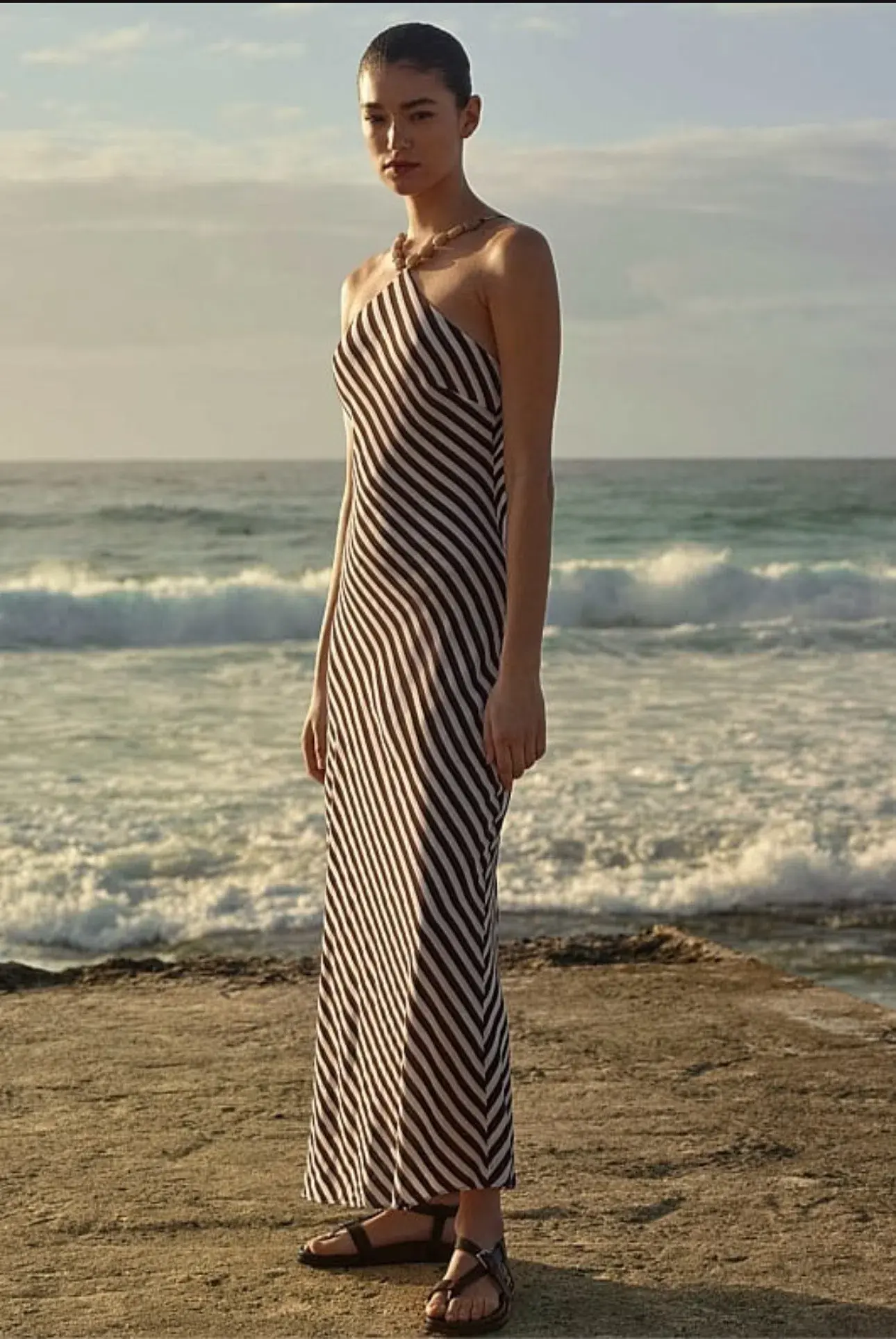 Witchery Brown and White Stripe Halter Dress Size 4 - Image 2