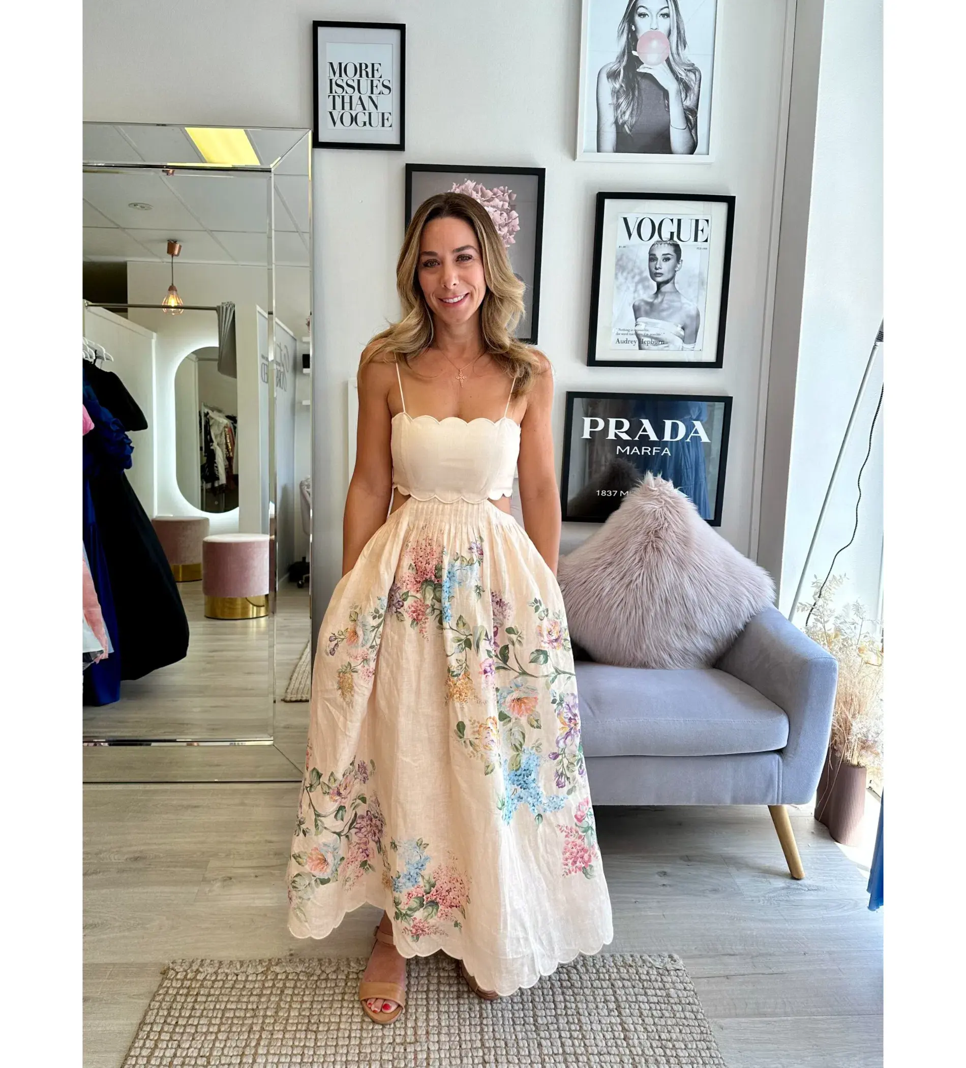 ZImmermann The Halliday Scallop Midi Dress in Cream Watercolour Floral Size 0/AU 8 - Image 3