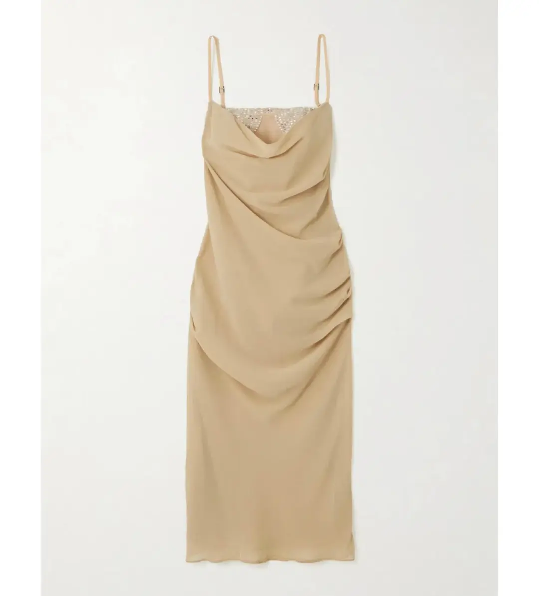 The Attico Crystal Embellished Draped Crepe Bustier Midi Dress Beige Size 8 for rent on The Volte - main image