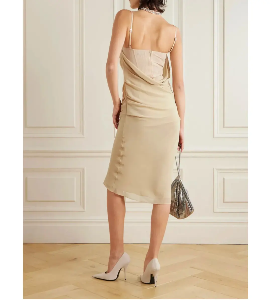 The Attico Crystal Embellished Draped Crepe Bustier Midi Dress Beige Size 8 for rent on The Volte - main image