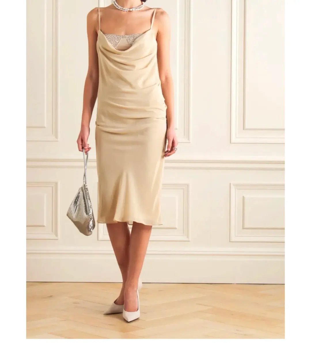The Attico Crystal Embellished Draped Crepe Bustier Midi Dress Beige Size 8 for rent on The Volte - main image