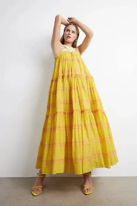 Aje Wilderness Tiered Maxi Dress Yellow Size AU 10 for rent on The Volte - main image