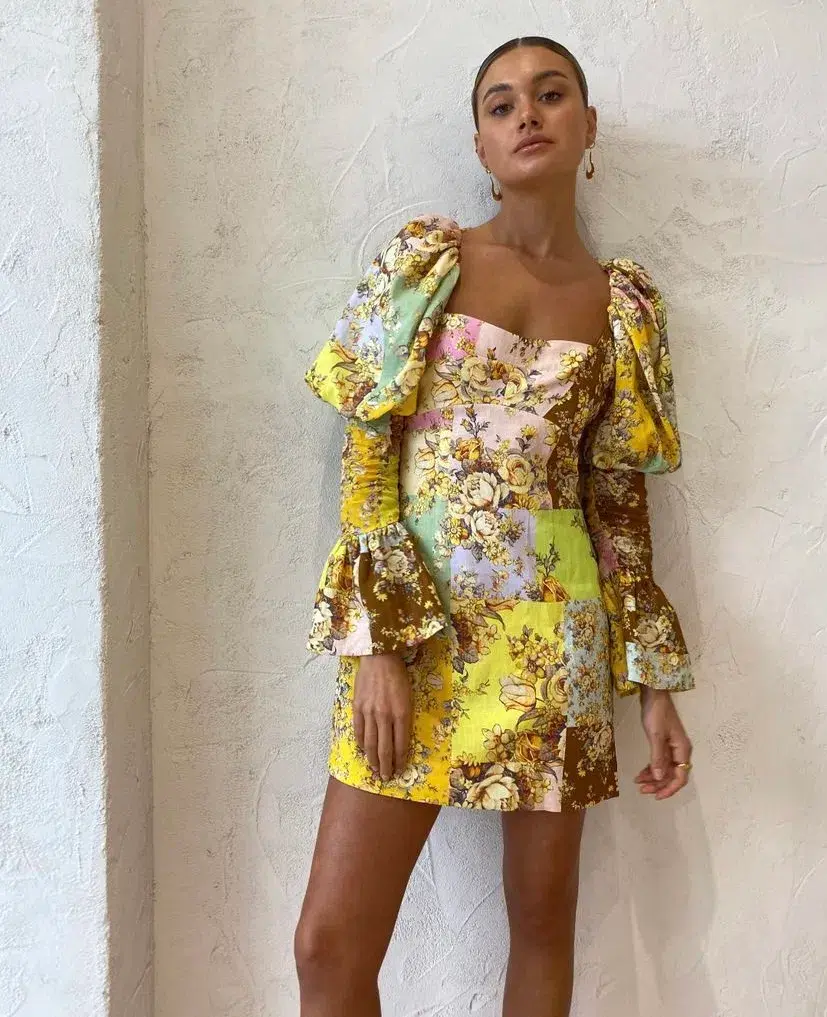 Alemais Matilde Puff Sleeve Mini Dress Multi Print Size 12 - Image 2