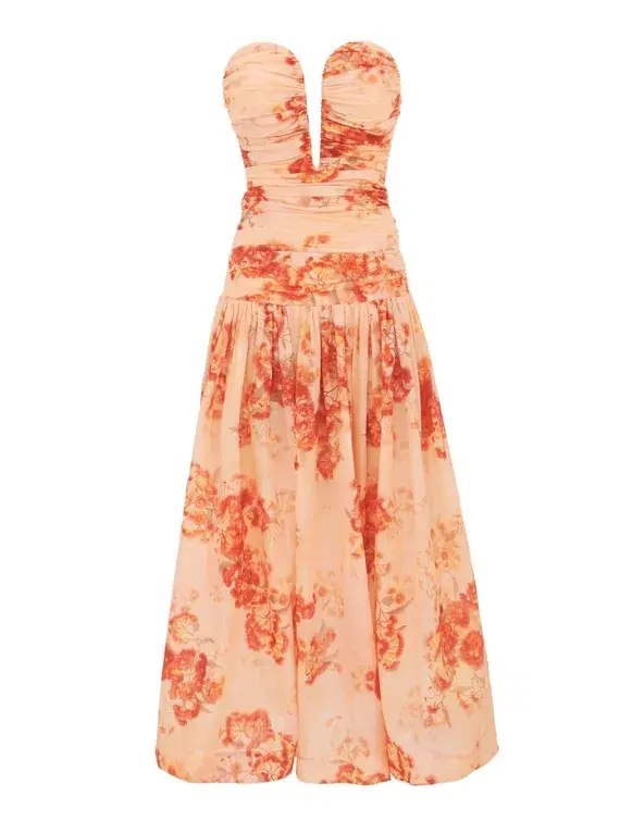 Zimmermann Cascadian Strapless Midi Dress Red Botanical Floral Size 0 / AU 8 - Image 4