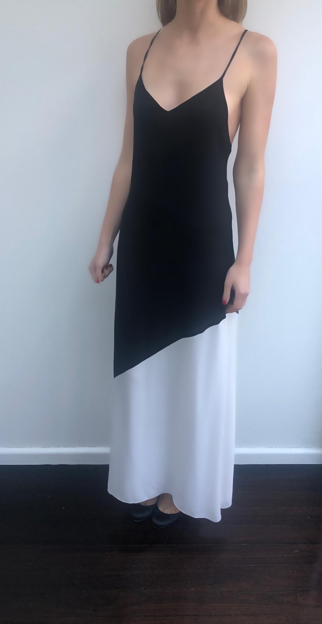 Alice and Olivia Maggie Two Tone Crepe De Chine Maxi Dress Black/White Size 4 for rent on The Volte - main image