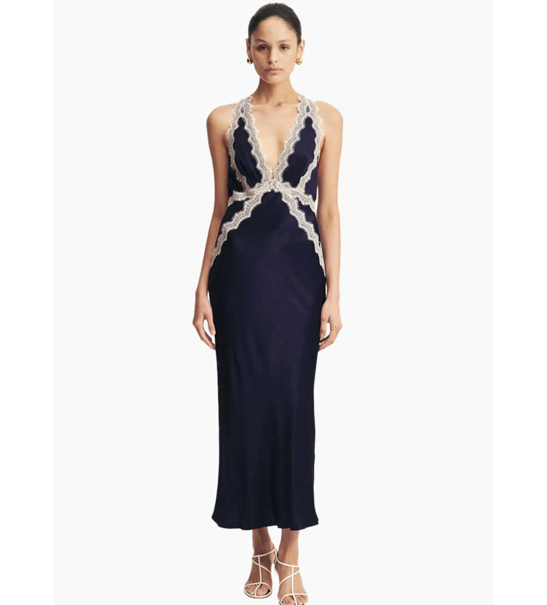 Shona joy Camille Lace Cross Back Split Maxi Dress Midnight/Ivory Size AU 8 - Image 1