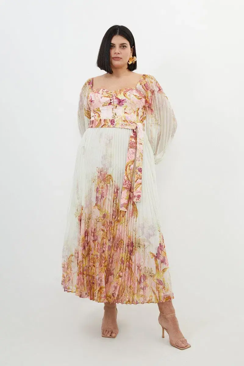 Karen Millen Border Print Floral And Satin Bodice Pleat Woven Maxi Dress Size AU 22 - Image 1