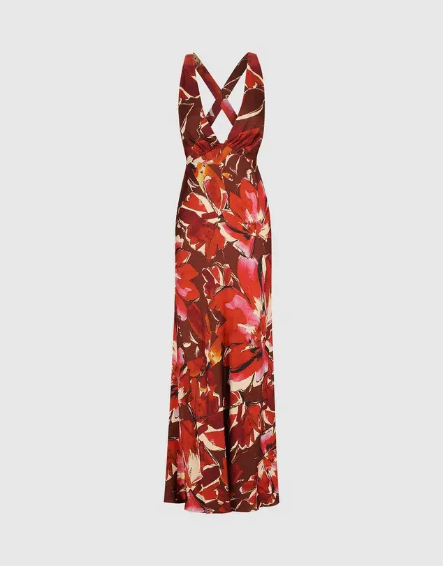 Shona Joy Nolita Plunged Cross Back Maxi Dress Rosewood Floral Size AU 6  - Image 3