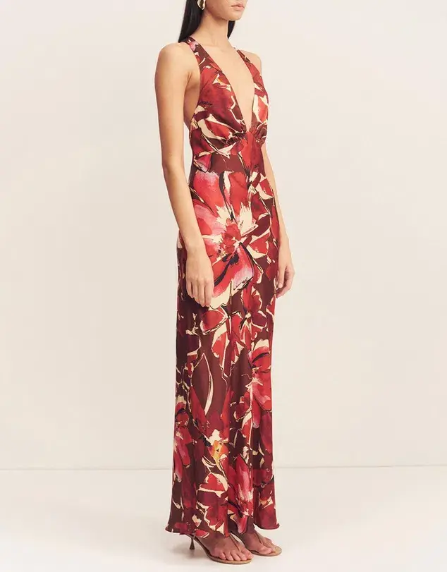 Shona Joy Nolita Plunged Cross Back Maxi Dress Rosewood Floral Size AU 6  - Image 1