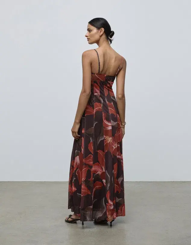 Lover Cleo Bustier Mesh Maxi Dress Chocolate Watercolour Hibiscus Size AU 6 - Image 4