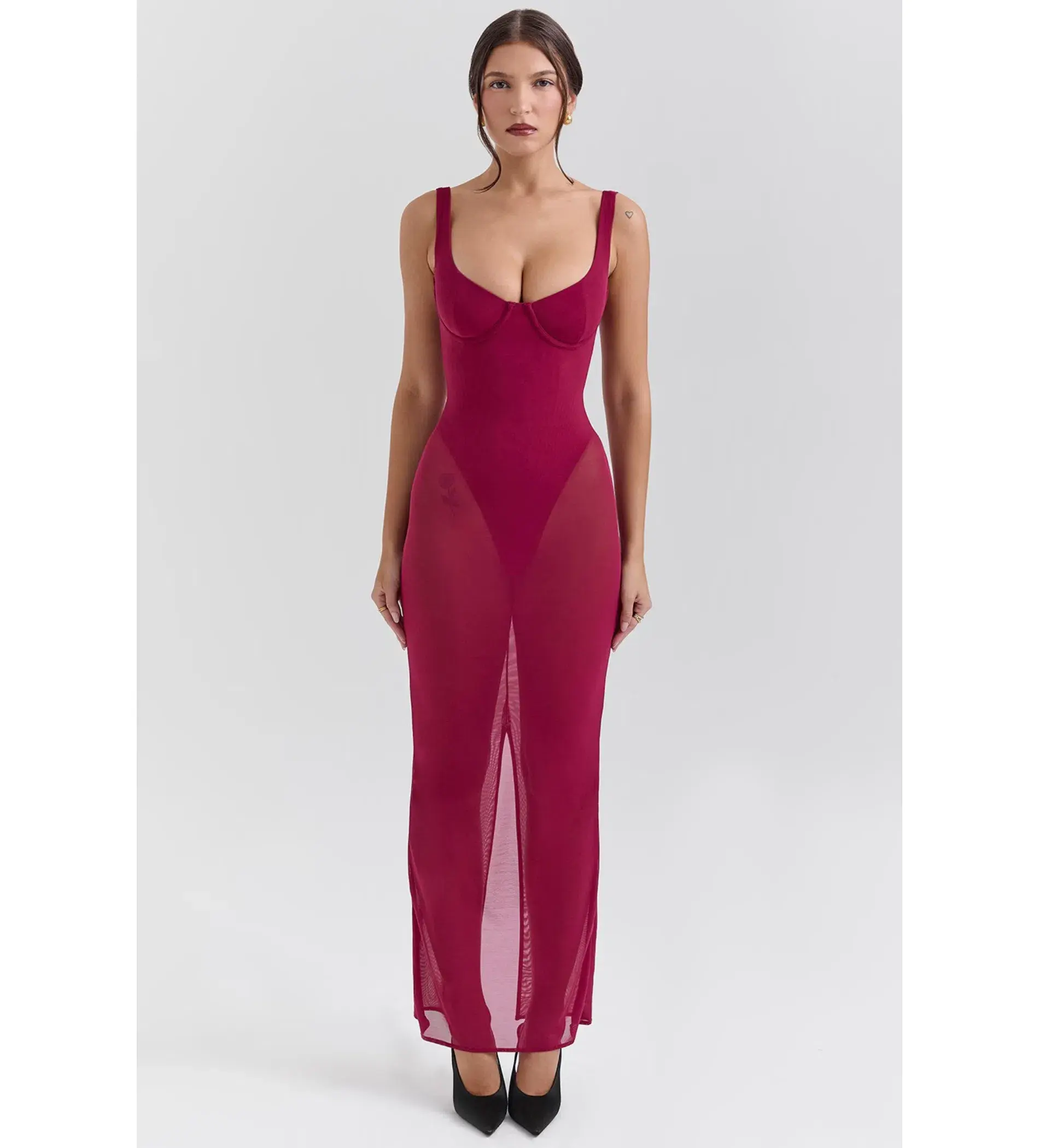 House of CB Robina Stretch Mesh Maxi Dress Wine Size XS/AU 6 - Image 1