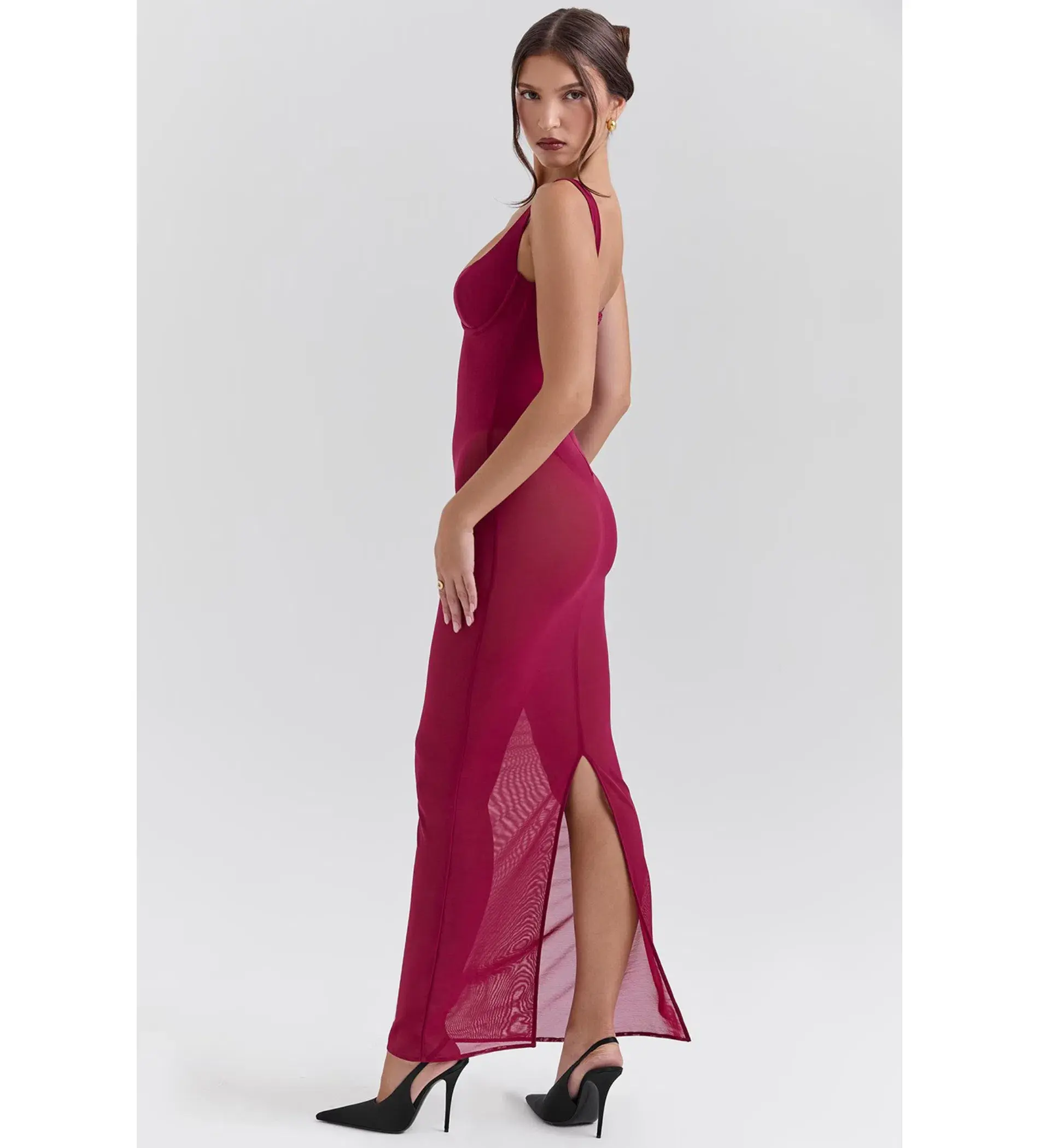 House of CB Robina Stretch Mesh Maxi Dress Wine Size XS/AU 6 - Image 3