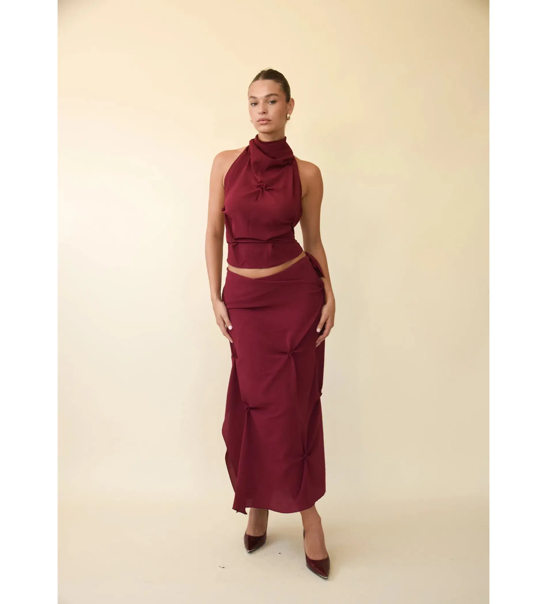 Koster Kulture Marbella Halter Top and Midi Skirt Set Wine Size M/AU 10 - Image 1