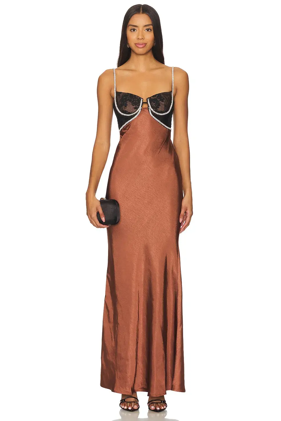 Self-Portrait Satin Diamante Maxi Dress Brown Size 8 - Image 1