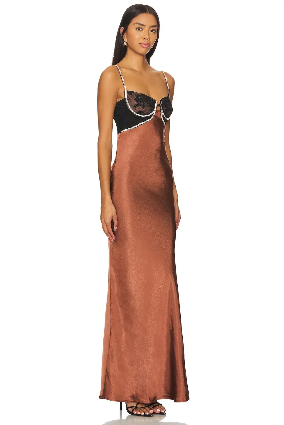Self-Portrait Satin Diamante Maxi Dress Brown Size 8 - Image 2