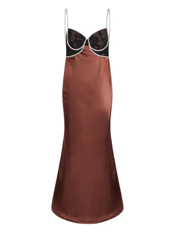 Self-Portrait Satin Diamante Maxi Dress Brown Size 8 - Image 4