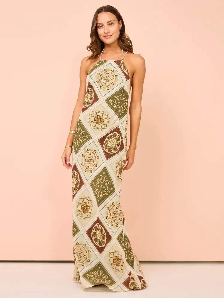 Hansen and Gretel Pagan Slip Dress Evergreen Tile Size AU 8 - Image 1