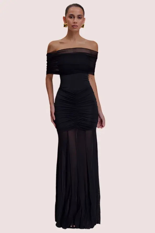 Meshki Caspian Slink Mesh Off Shoulder Maxi Dress Black Size 8 - Image 1