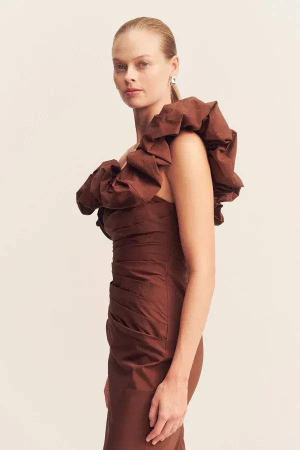 Shona Joy Campbell Ruffle Draped Maxi Dress Espresso Size 10 - Image 3