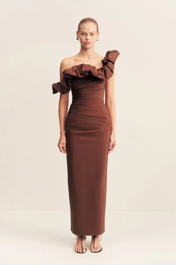 Shona Joy Campbell Ruffle Draped Maxi Dress Espresso Size 10 - Image 1