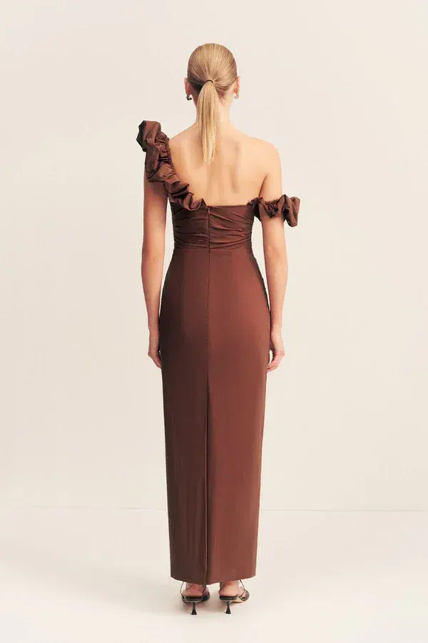 Shona Joy Campbell Ruffle Draped Maxi Dress Espresso Size 10 - Image 4