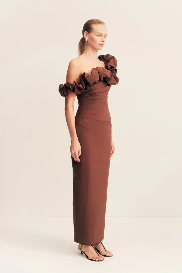Shona Joy Campbell Ruffle Draped Maxi Dress Espresso Size 10 - Image 2