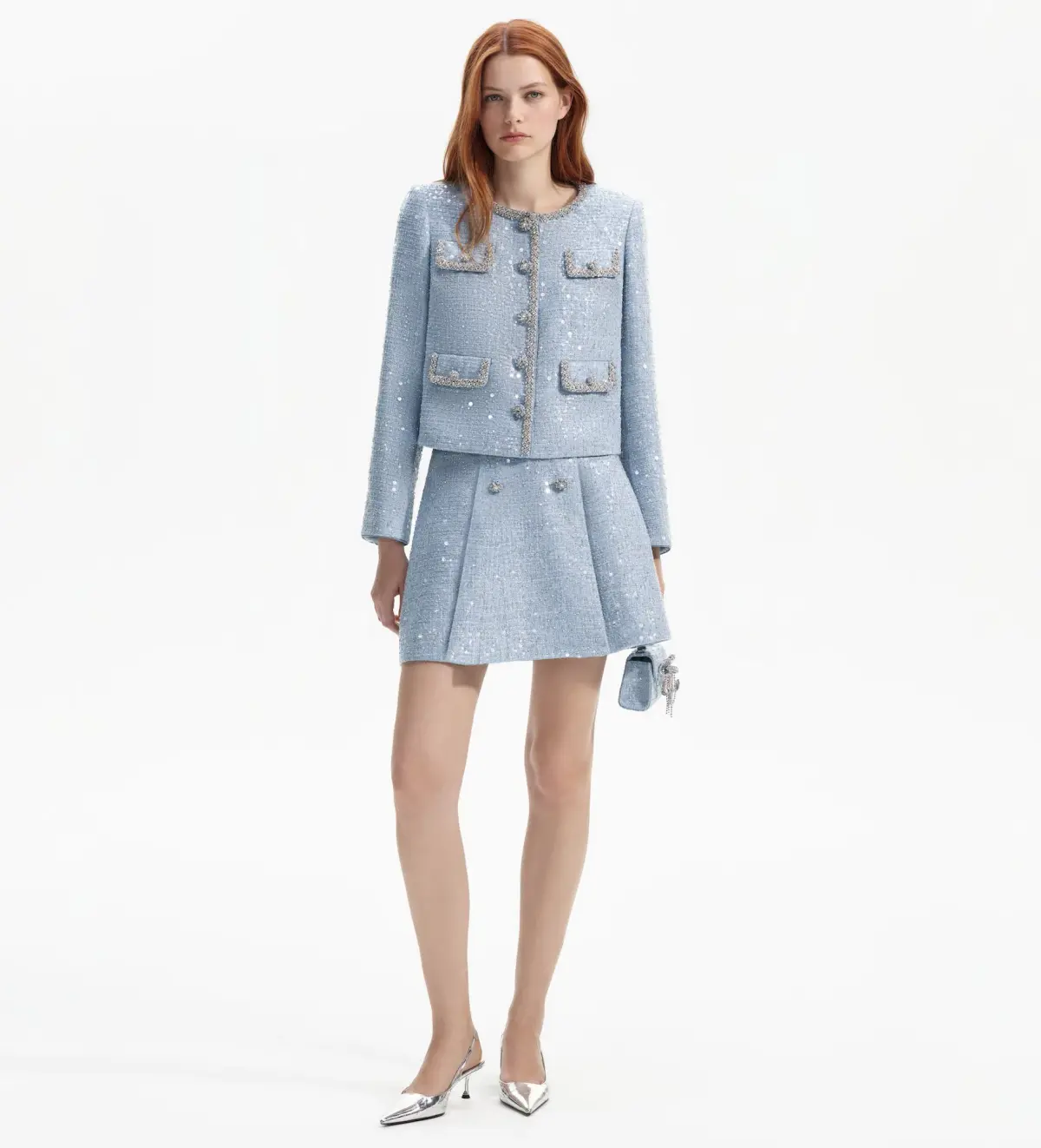 Self Portrait Boucle Jacket and Mini Skirt Set in Blue Sequin Size AU 10 - Image 1