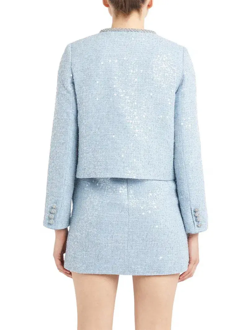 Self Portrait Boucle Jacket and Mini Skirt Set in Blue Sequin Size AU 10 - Image 3