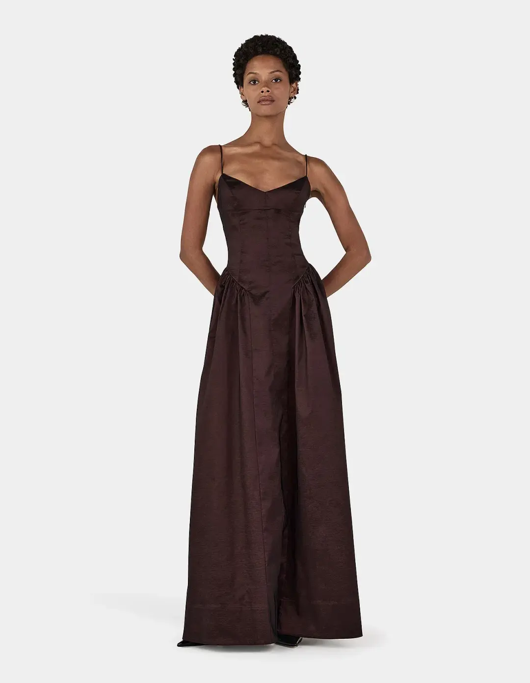 Hansen and Gretel Bellini Taffeta Floor Length Gown in Chocolate Brown Size 6/XS for rent on The Volte - main image