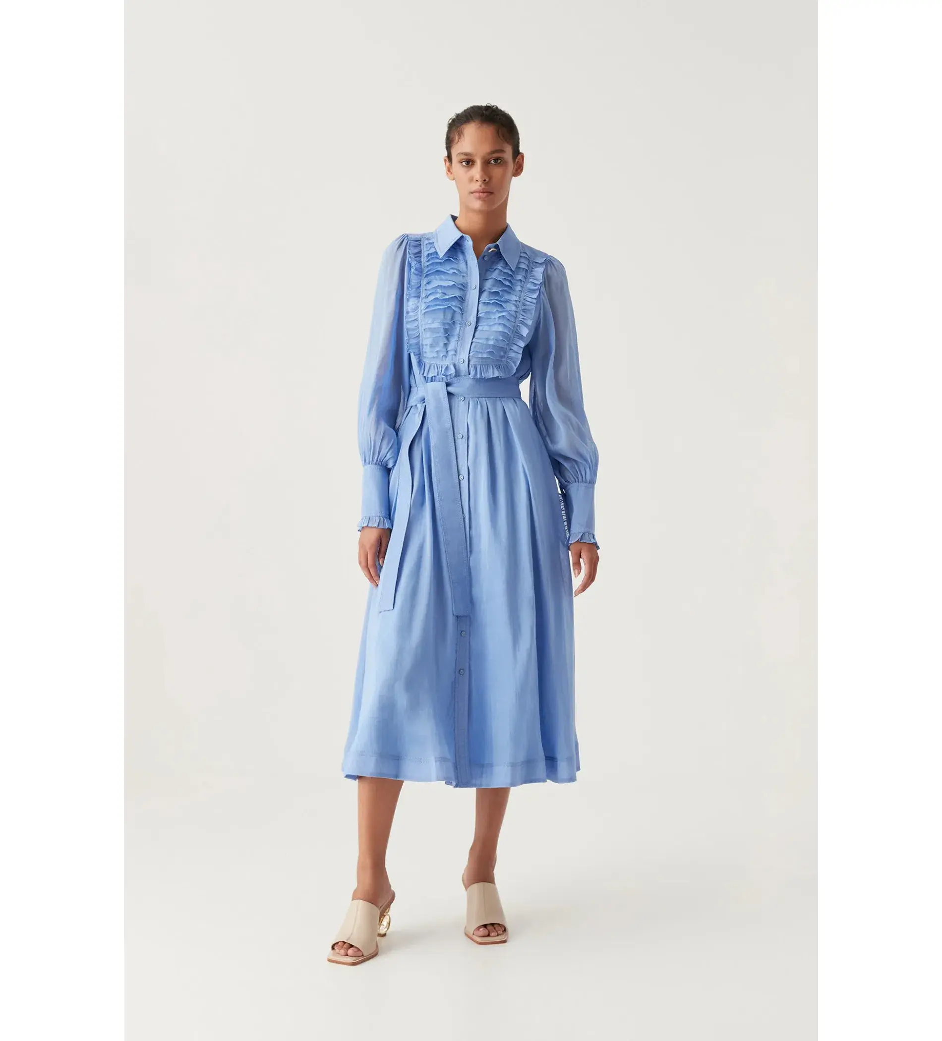 Aje Iris Pleated Bib Midi Dress in Mist Blue Size 10 - Image 1