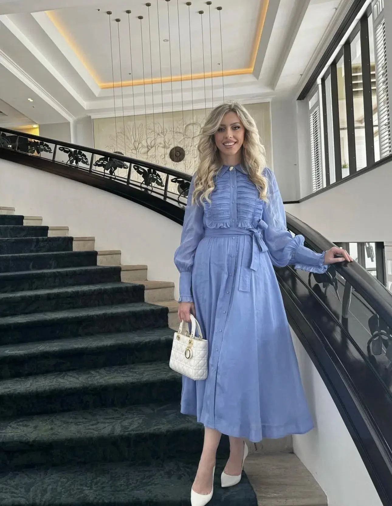 Aje Iris Pleated Bib Midi Dress in Mist Blue Size 10 - Image 4
