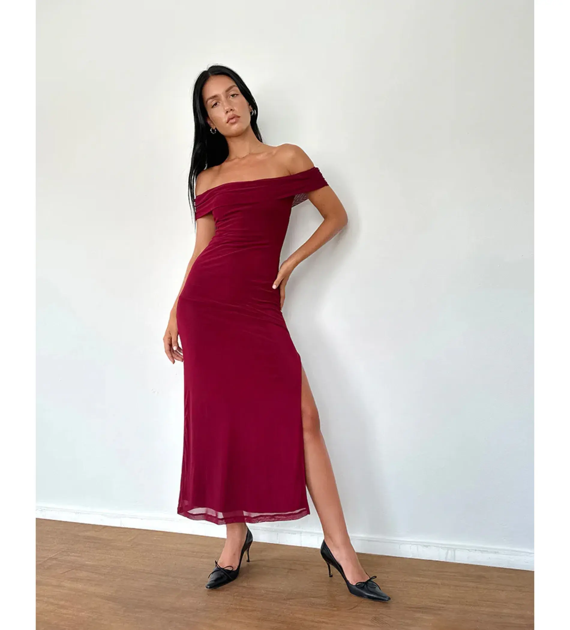 Motel Rocks Tarna Bardot Mesh Maxi Dress in Burgundy Size S / AU 10  - Image 1